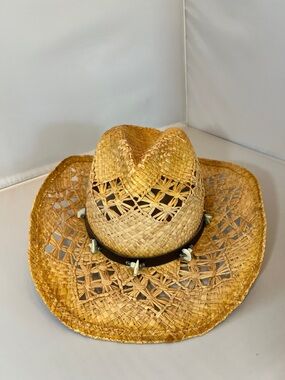 Tropical Trends Straw Cowboy Hat with Mint Green Stone Detailing - Natural